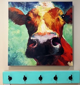 lot 33 image: Colorful Cow Canvas Art with Turquoise Wall Hook Rack