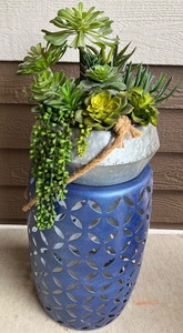 lot 35 image: Metal Hanging Faux Succulent Arrangement with Blue Decorative Stand