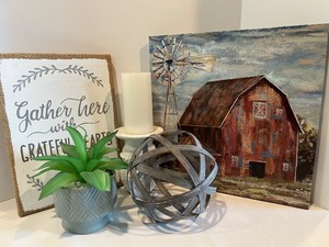 lot 44 image: Farmhouse Decor Collection with Barn Art, Sign, Candle, Metal Orb, and Faux Plant