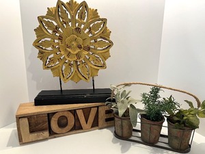 lot 75 image: Decorative Home Decor Group with Wooden LOVE Box, Floral Plaque, and Faux Herb Planter
