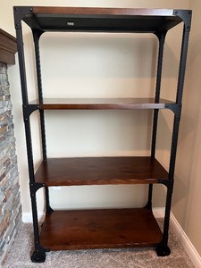lot 77 image: Industrial 4-Shelf Wood and Metal Bookcase with Casters
