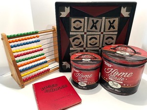 lot 81 image: Vintage Games and Collectibles Lot including Book, Abacus, Tic-Tac-Toe, and Home Made Tins
