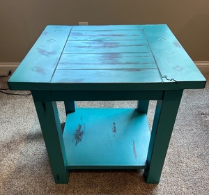 lot 87 image: Distressed Turquoise Wood Side Table with Lower Shelf
