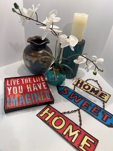 lot 97 image: Home Decor Set with Signs, Vases, Candle and Faux Orchid