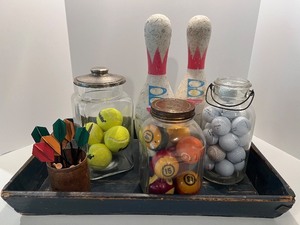 lot 99 image: Vintage Sports Collection with Bowling Pins, Jars of Balls, and Darts