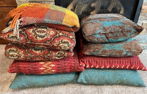 lot 193 image: Set of 8 Decorative Throw Pillows with Plaid Woven Throw Blanket