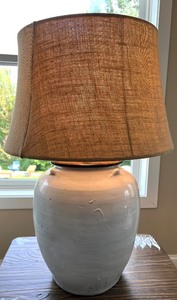 lot 46 image: Pottery Barn Large Ceramic Table Lamp with Burlap Shade #1