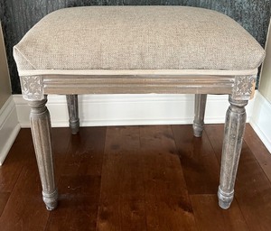 lot 50 image: Upholstered Wooden Bench with Carved Floral Accents