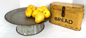 lot 51 image: Vintage Style Yellow Metal Bread Box and Rustic Metal Cake Stand
