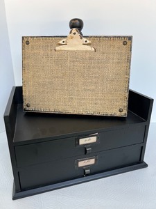 lot 58 image: Black Desktop Organizer with Two Drawers and Burlap Clipboard