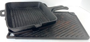 lot 63 image: Lodge Cast Iron Grill Pan and 2 Griddles Set