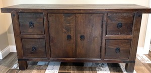 lot 65 image: Pottery Barn Rustic Wood Sideboard Buffet with Drawers and Cabinet