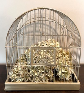 lot 70 image: Decorative Metal Birdcage with Dried Hydrangea Arrangement