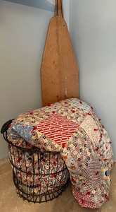 lot 125 image: Vintage Wire Laundry Basket, Patchwork Quilt, and National Washboard Co. Ironing Table
