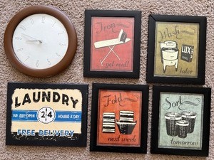 lot 127 image: Laundry Room Wall Art and Brown Wall Clock Set