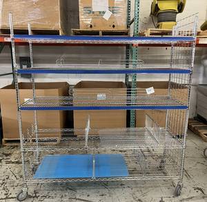 lot 6 image: MSRP $2000 Like New High Quality Heavy Duty&nbspInterMetro Super Erecta Shelving System 5 Tier Stainless Steel Chrome Finish NSF Wire Storage Cart Truck With Locking Casters & Bumper Guards 80x72x24 Up to 800 lbs per shelf - Removable Dividers