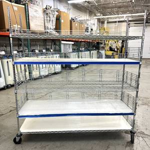 lot 9 image: MSRP $2000&nbspLike New High Quality Heavy Duty&nbspTechnibilt Shelving System&nbspTSS 5 Tier Stainless Steel Chrome Finish NSF Wire Storage Cart Truck With Casters & Bumper Guards 80x72x24 Up to 850 lbs per shelf