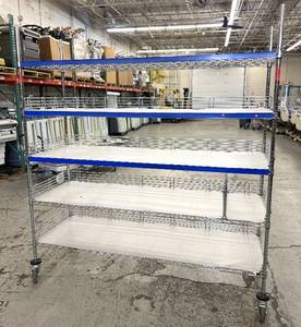 lot 10 image: MSRP $2000&nbspLike New High Quality Heavy Duty&nbspTechnibilt Shelving System&nbspTSS 5 Tier Stainless Steel Chrome Finish NSF Wire Storage Cart Truck With Casters & Bumper Guards 80x72x24 Up to 850 lbs per shelf