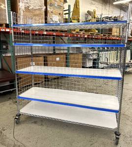 lot 11 image: MSRP $2400&nbspLike New High Quality Heavy Duty&nbspTechnibilt Shelving System&nbspTSS 5 Tier Stainless Steel Chrome Finish NSF Wire Storage Cart Truck With Locking Casters & Bumper Guards 80x72x24 Up to 850 lbs per shelf