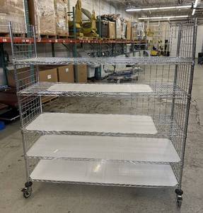 lot 12 image: MSRP $2400&nbspLike New High Quality Heavy Duty&nbspTechnibilt Shelving System&nbspTSS 5 Tier Stainless Steel Chrome Finish NSF Wire Storage Cart Truck With Locking Casters & Bumper Guards 80x72x24 Up to 850 lbs per shelf