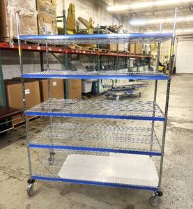 lot 13 image: MSRP $2000&nbspLike New High Quality Heavy Duty&nbspTechnibilt Shelving System&nbspTSS 5 Tier Stainless Steel Chrome Finish NSF Wire Storage Cart Truck With Casters & Bumper Guards 80x60x30 Up to 850 lbs per shelf