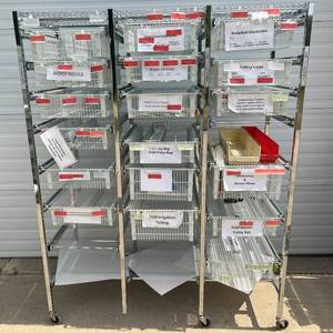 lot 16 image: MSRP $5000 Like New Technibilt SmartCell HD High Density Storage System Cart With 18 Slide Out Baskets With Locking Wheels - This Fantastic High Quality Cart has all of its wheels - Contents In Baskets Not Included.