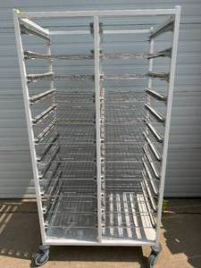 lot 18 image: MSRP $3800 Belintra Sterilization Transport Trolley Rack Storage System With Antimicrobia lBACT-O-STOP Coating - Like New Condition - 16 Slide Out Wire Shelves Included&nbsp70.5 x 25.75 x 35.25