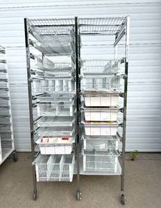 lot 20 image: MSRP $3000 Like New Technibilt SmartCell HD High Density Storage System Cart With 18 Slide Out Baskets With Locking Wheels - This Fantastic High-Quality Cart has all of its wheels - Contents In Baskets Not Included.