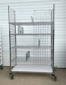 lot 21 image: MSRP $1800&nbspLike New High Quality Heavy Duty&nbspTechnibilt Shelving System&nbspTSS 5 Tier Stainless Steel Chrome Finish NSF Wire Storage Cart Truck With Locking Casters & Bumper Guards 80x48x24 Up to 600 lbs per shelf