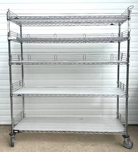 lot 22 image: MSRP $2000 Like New High Quality Heavy Duty&nbspInterMetro Super Erecta Shelving System 5 Tier Stainless Steel Chrome Finish NSF Wire Storage Cart Truck With Casters & Bumper Guards 80x72x24 Up to 800 lbs per shelf 