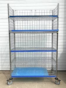 lot 23 image: MSRP $1800&nbspLike New High Quality Heavy Duty&nbspTechnibilt Shelving System&nbspTSS 5 Tier Stainless Steel Chrome Finish NSF Wire Storage Cart Truck With Locking Casters & Bumper Guards 80x48x24 Up to 600 lbs per shelf