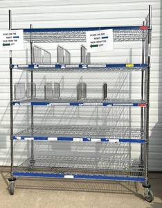 lot 24 image: MSRP $2000 Like New High Quality Heavy Duty&nbspInterMetro Super Erecta Shelving System 5 Tier Stainless Steel Chrome Finish NSF Wire Storage Cart Truck With Locking Casters & Bumper Guards 80x60x24 Up to 800 lbs per shelf - Removable Dividers