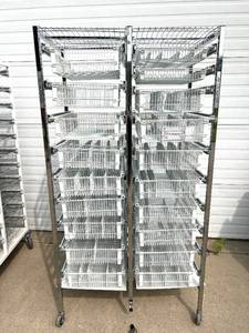 lot 28 image: MSRP $3000 Like New Technibilt SmartCell HD High Density Storage System Cart With 19 Slide Out Baskets - This Fantastic High-Quality Cart has all of its wheels - This System Has Removable Dividers In Baskets
