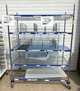 lot 30 image: MSRP $2000 Like New High Quality Heavy Duty&nbspInterMetro Super Erecta Shelving System 5 Tier Stainless Steel Chrome Finish NSF Wire Storage Cart Truck With Locking Casters & Bumper Guards 80x60x24 Up to 800 lbs per shelf - Removable Dividers
