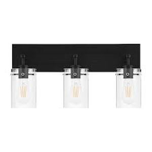 lot 12 image: Hampton Bay Regan 21 in. 3-Light Matte Black Bathroom Vanity Light with Clear Glass Shades   Customer Returns See Pictures