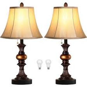 lot 23 image: Rottogoon 22 in. Vintage Bedside Lamps with Dual USB, 3-Way Dimmable Bronze Finish with Bell Shape Faux Silk   Customer Returns See Pictures
