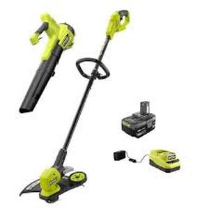 lot 39 image: RYOBI ONE 18V Cordless String TrimmerEdger and BlowerSweeper Combo Kit (2-Tools) with 2.0 Ah Battery and Charger   Customer Returns See Pictures