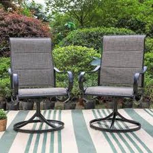 lot 41 image: Black Swivel Padded Textilene Metal Outdoor Dining Chair with Curve Arms (2-Pack)   Customer Returns See Pictures