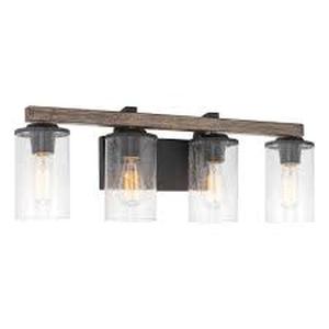 lot 45 image: Kira Home Oakmont 9.75 in. 4-Lights Textured Black with Reclaimed Oak Wood Style Farmhouse Bathroom Vanity Light   Customer Returns See Pictures