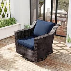 lot 53 image: JOYSIDE Wicker Outdoor Rocking Chair Patio Swivel with Blue Cushions  Customer Returns See Pictures