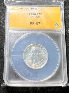 lot 02 image: 1958 US PROOF WASHINGTON QUARTER ANACS PF67