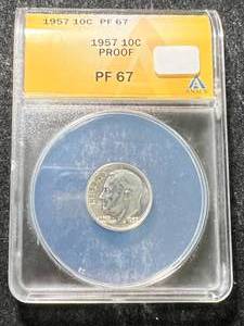 lot 03 image: 1957 US PROOF ROOSEVELT DIME ANACS PF67