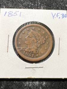 lot 14 image: 1851 US BRAIDED HAIR LARGE CENT VF30