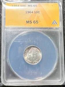 lot 16 image: 1964 US ROOSEVELT DIME ANACS MS64