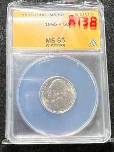 lot 34 image: 1995 US JEFFERSON NICKEL ANACS MS65 6 STEPS