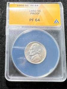 lot 70 image: 1950 US PROOF JEFFERSON NICKEL ANACS PF64