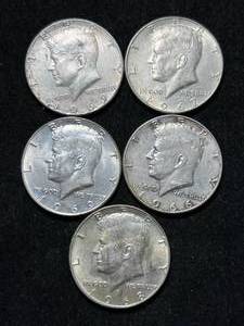 lot 73 image: GROUP OF 5 US 40% SILVER KENNEDY HALF DOLLARS