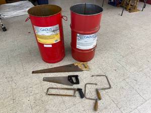lot 52 image: Hand Saws & Metal Barrels