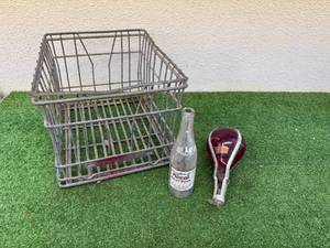 lot 64 image: Antique Fire Extinguisher, Metal Dairy Tote & Crookston MN Soda Bottle
