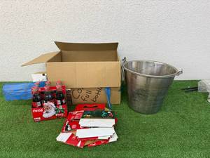 lot 70 image: Box of Glass Coca-Cola Bottles & Galvanized Pale